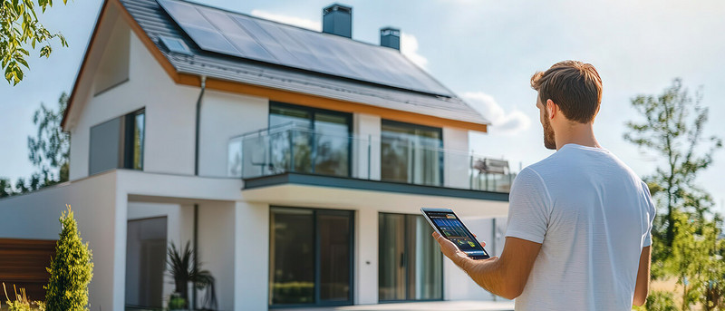 Junger Mann steht vor Smart-Home mit Ipad in der Hand